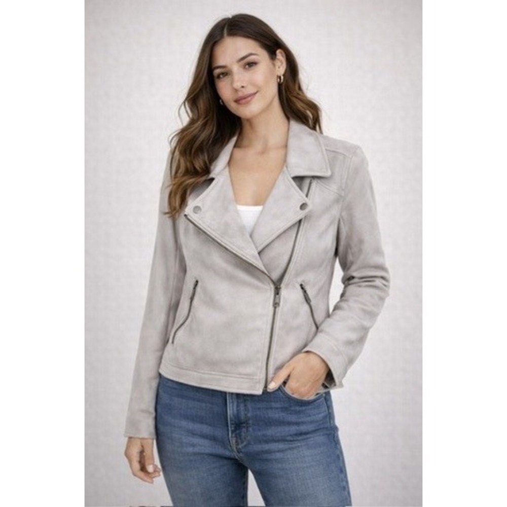 Banana Republic Faux Suede Moto Jacket Women Light‎ Gray Size Small Snap Collar
